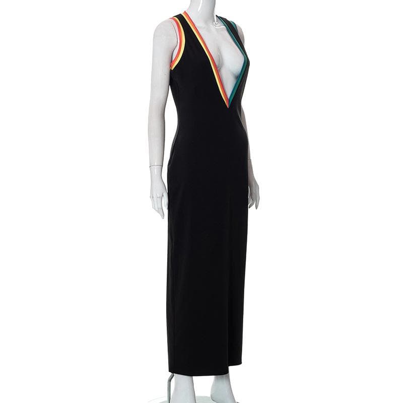 Deep V Neck Contrast Rainbow Ribbed Trim Sleeveless Bodycon Midi Dress