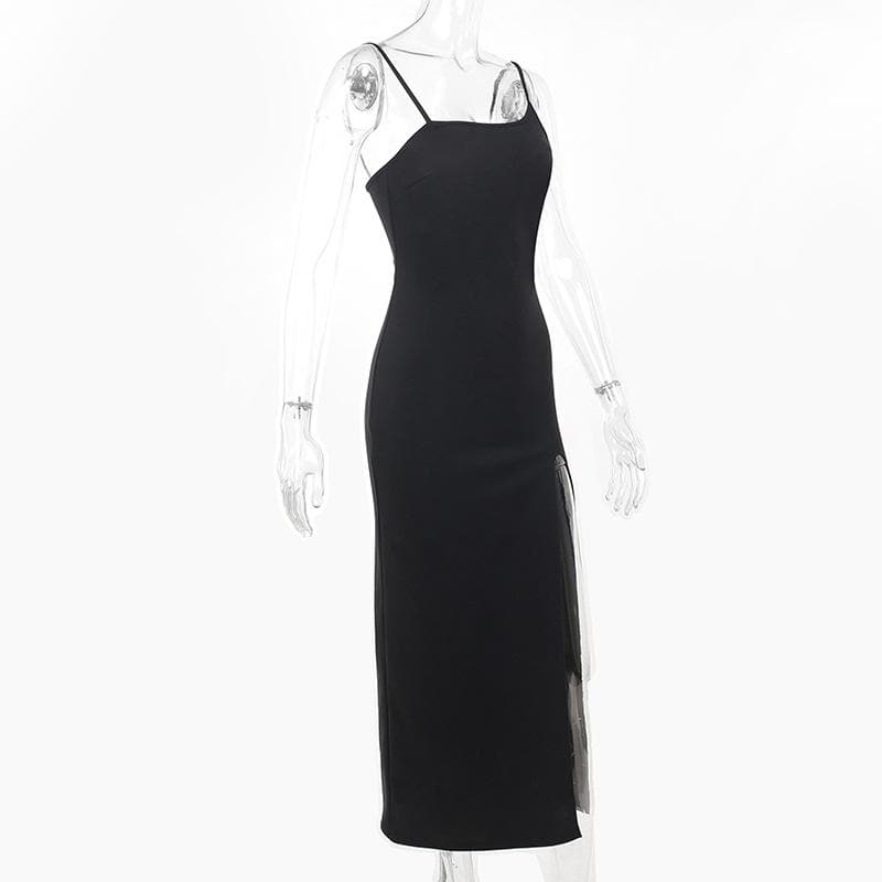 Zip Front Asymmetric Spaghetti Strap Side Slit Bodycon Midi Dress