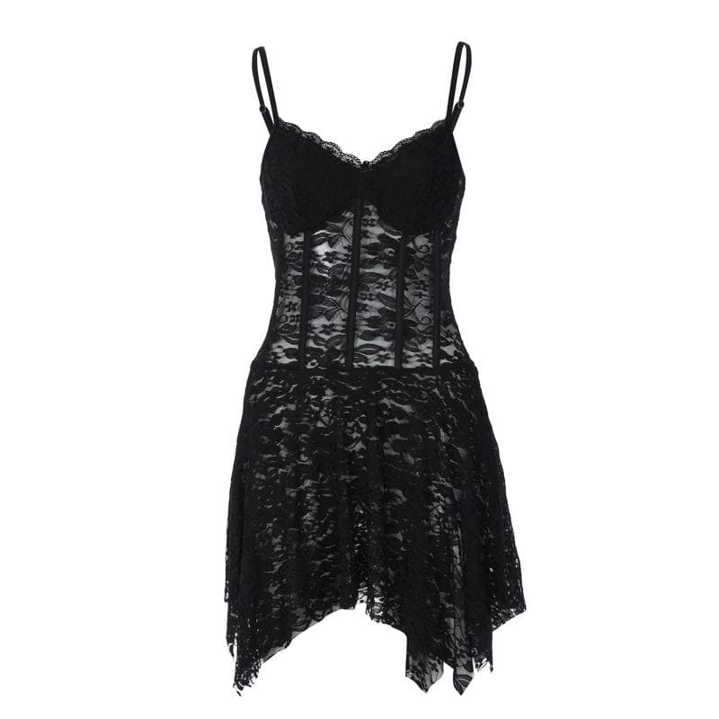 Lace Corset Bodice Handkerchief Hem Spaghetti Strap Mini Dress