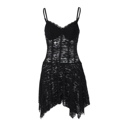 Lace Corset Bodice Handkerchief Hem Spaghetti Strap Mini Dress