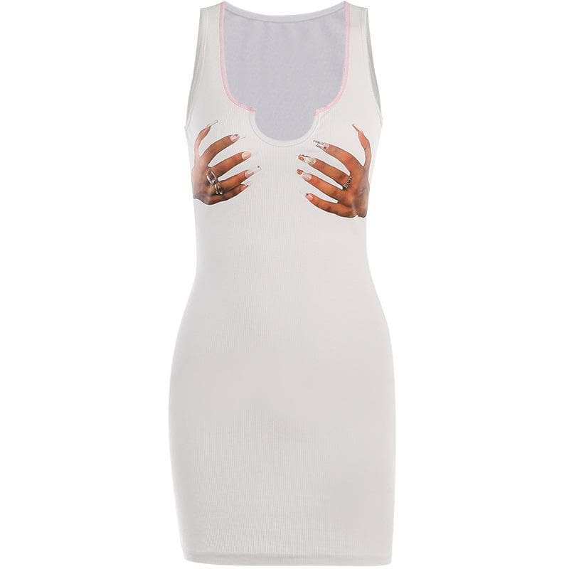Deep U-Neck Rib Knit Hand Print Graphic Bodycon Mini Dress