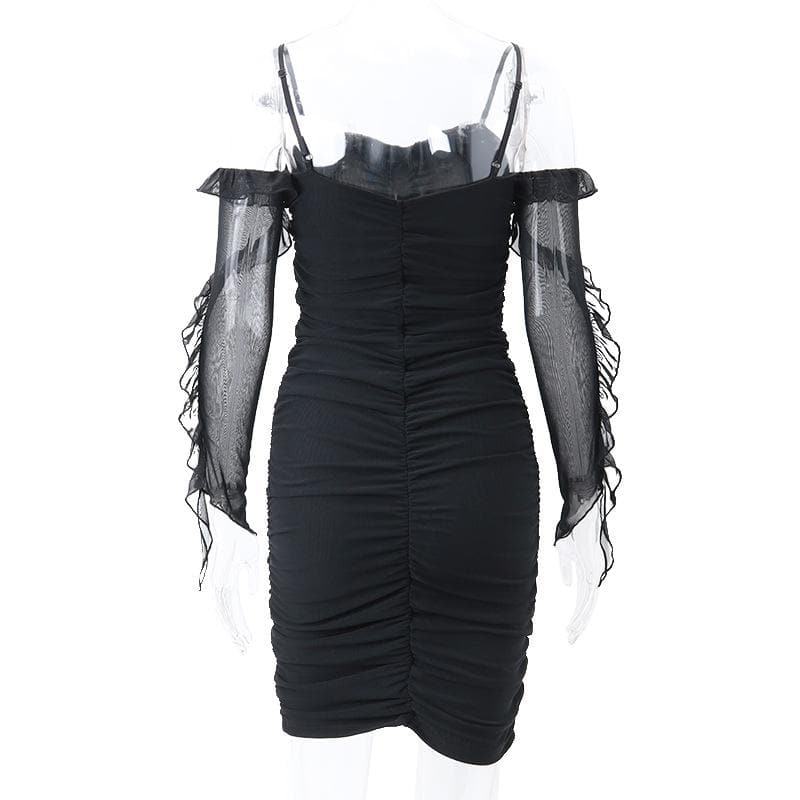 Sweetheart Neck Spaghetti Strap Ruched Mesh Ruffle Sleeve Bodycon Mini Dress