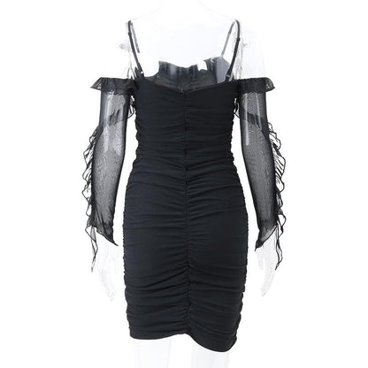 Sweetheart Neck Spaghetti Strap Ruched Mesh Ruffle Sleeve Bodycon Mini Dress