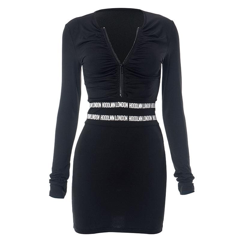 V-Neck Zip Front Ruched Long Sleeve Contrast Waist Tape Bodycon Mini Dress