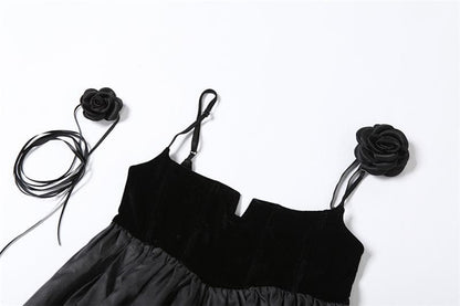 Velvet Sweetheart Notch Neck Flower Applique Bubble Hem Mini Dress