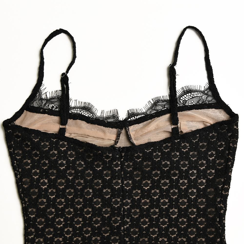 Sweetheart Lace Trim Polka Dot Mesh Bust Eyelet Lace Cami Mini Dress