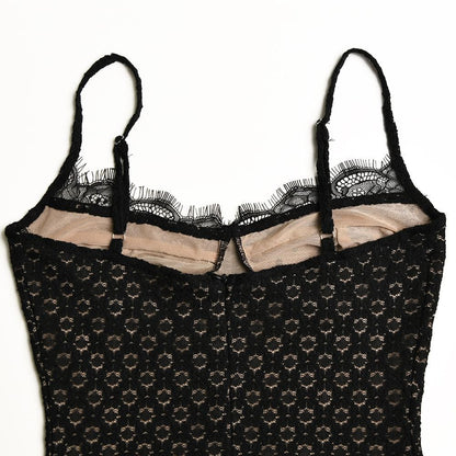 Sweetheart Lace Trim Polka Dot Mesh Bust Eyelet Lace Cami Mini Dress
