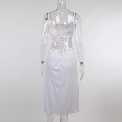 Spaghetti Strap Side Cutout Ruched Tie Back Satin Column Maxi Dress