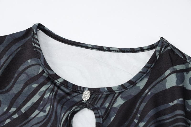 Crew Neck Long Sleeve Rhinestone Button Cutout Marble Print Mini Dress