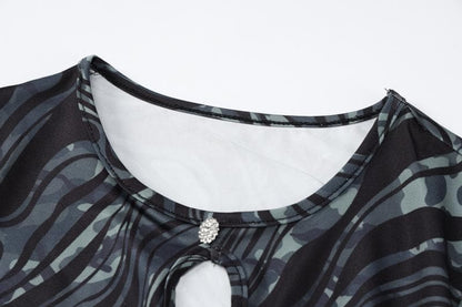 Crew Neck Long Sleeve Rhinestone Button Cutout Marble Print Mini Dress