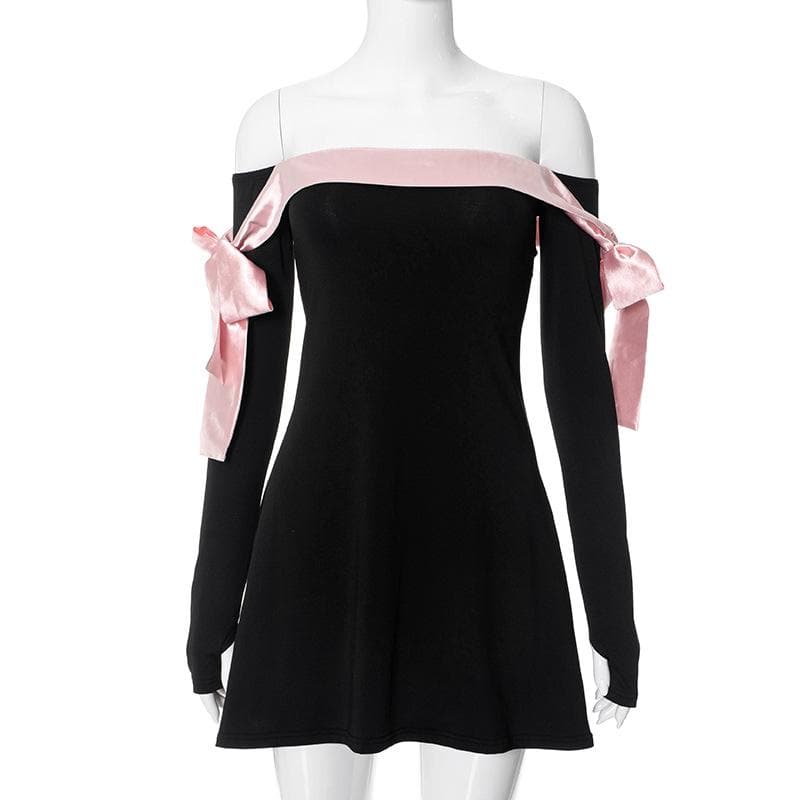 Off Shoulder Satin Ribbon Bow Thumbhole Long Sleeve Mini Dress