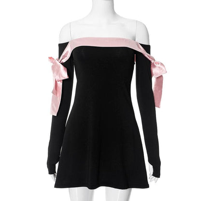 Off Shoulder Satin Ribbon Bow Thumbhole Long Sleeve Mini Dress