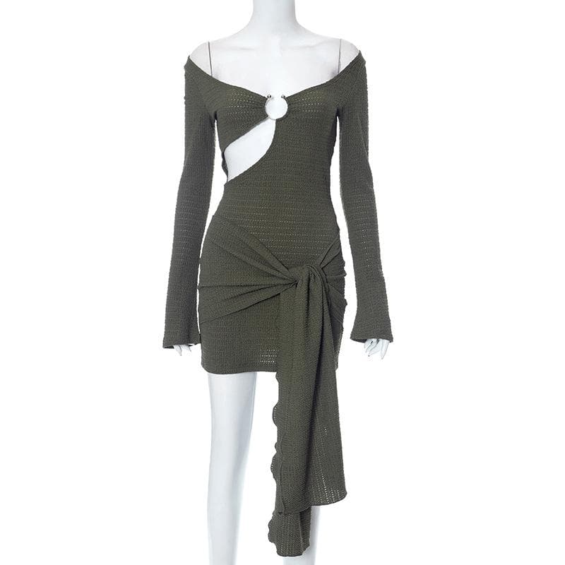 Deep Scoop Neck O-Ring Cutout Side Tie Ruched Bodycon Mini Dress