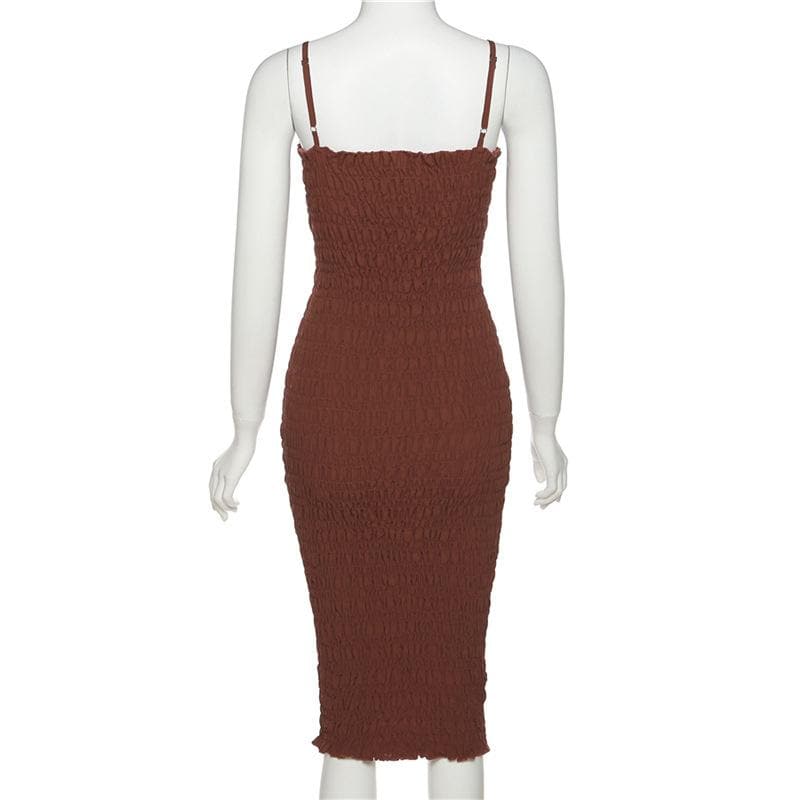 Smocked Spaghetti Strap Square Neck Ruffle Trim Midi Dress