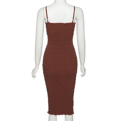 Smocked Spaghetti Strap Square Neck Ruffle Trim Midi Dress