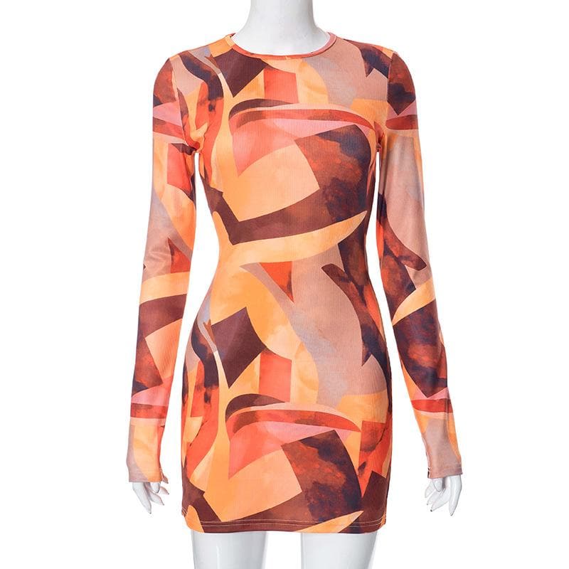 Abstract Geometric Print Long Sleeve Crew Neck Bodycon Mini Dress