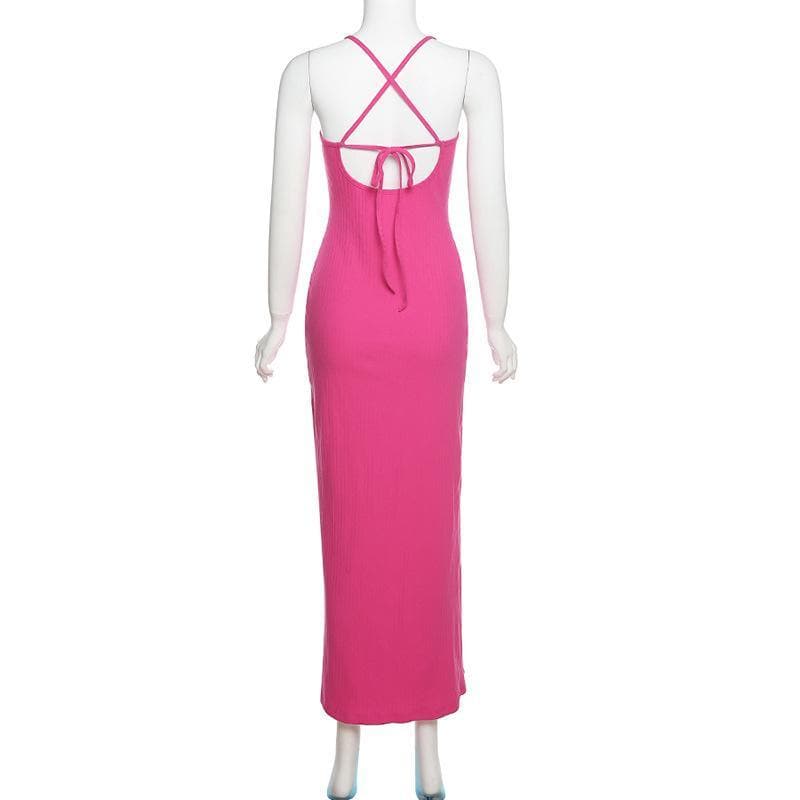 Scoop Neck Triple Cutout High Slit Spaghetti Strap Bodycon Maxi Dress