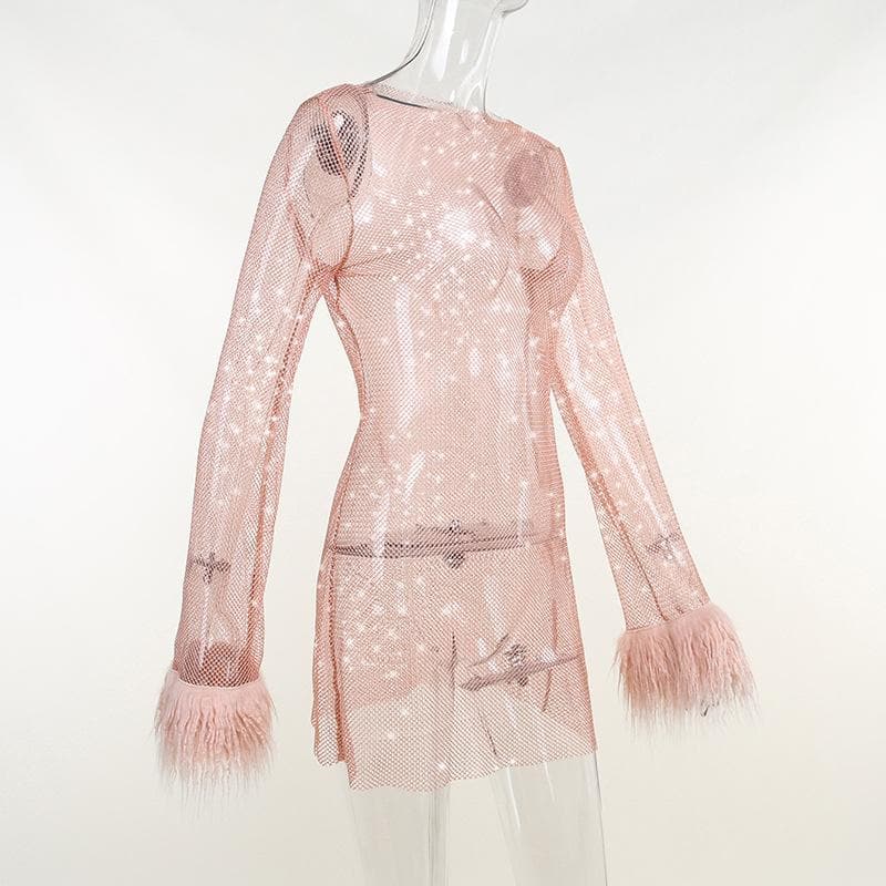 Sheer Mesh Feather Cuff Long Sleeve Round Neck Mini Dress