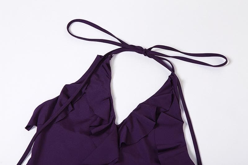 Halter Choker Tie Neck Cascading Ruffle Asymmetric Hem Maxi Dress