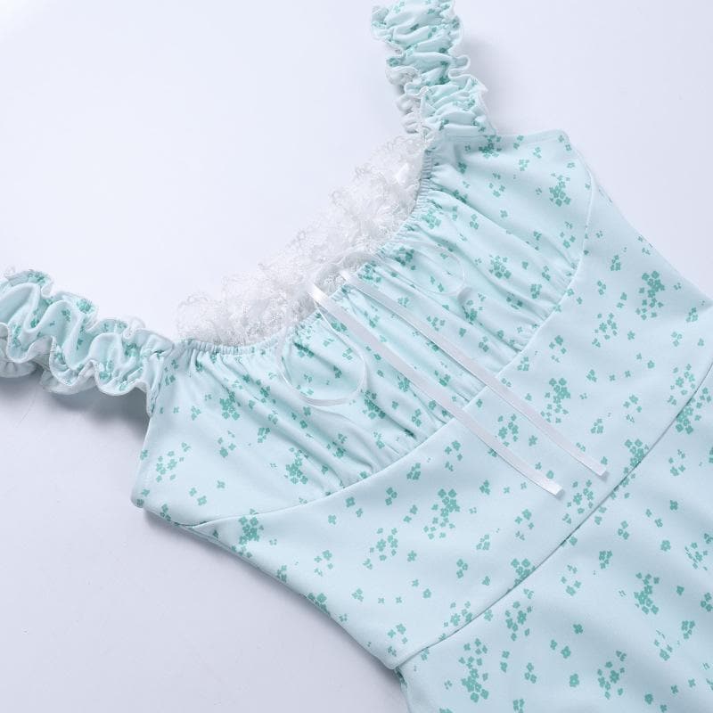 Square Neck Lace Trim Ribbon Bow Ruffle Strap Ditsy Floral Mini Dress