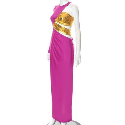 One-Shoulder Long Sleeve Diagonal Cutout Metallic Panel Bodycon Maxi Dress