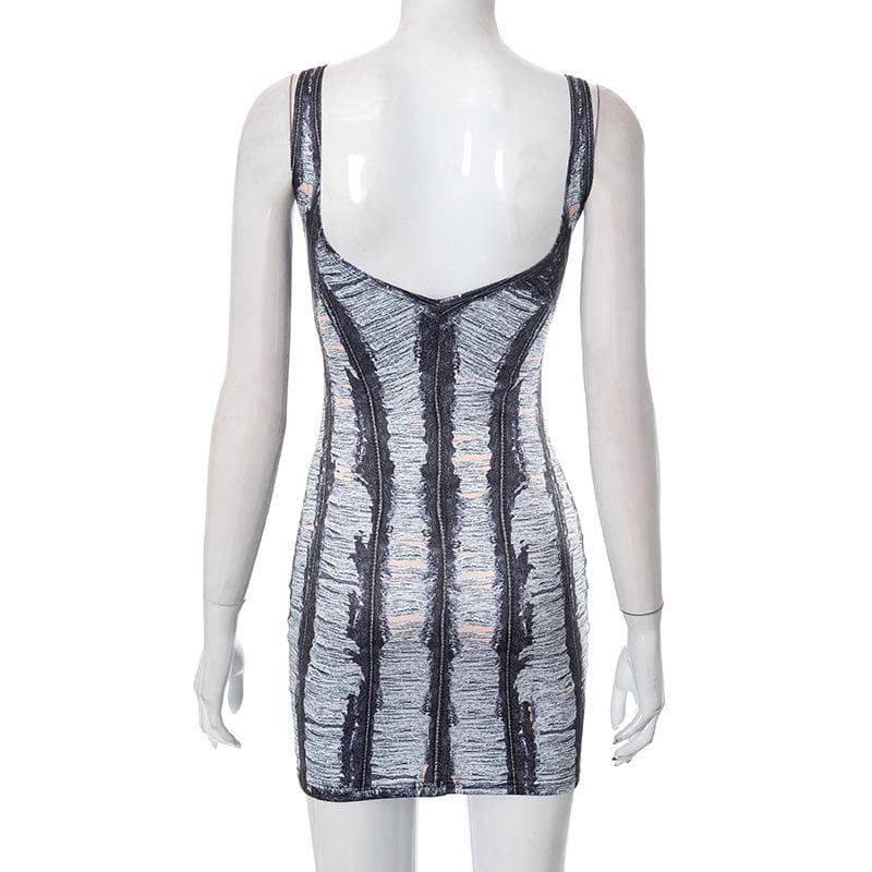 Distressed Denim Print V Neck Bodycon Mini Dress