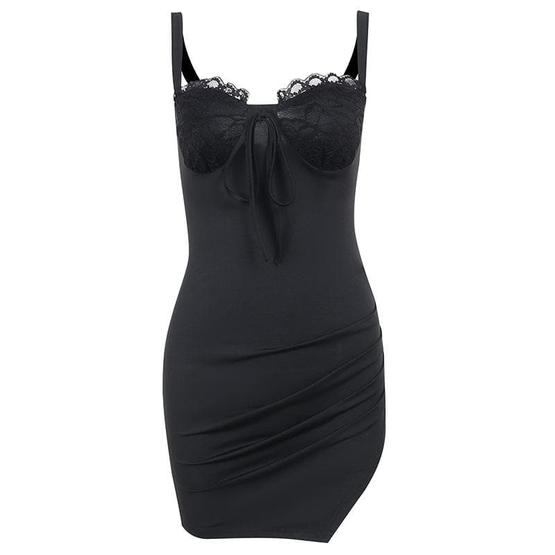 Ruched Sleeveless Lace Slit Self Tie Backless Mini Dress