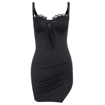 Ruched Sleeveless Lace Slit Self Tie Backless Mini Dress