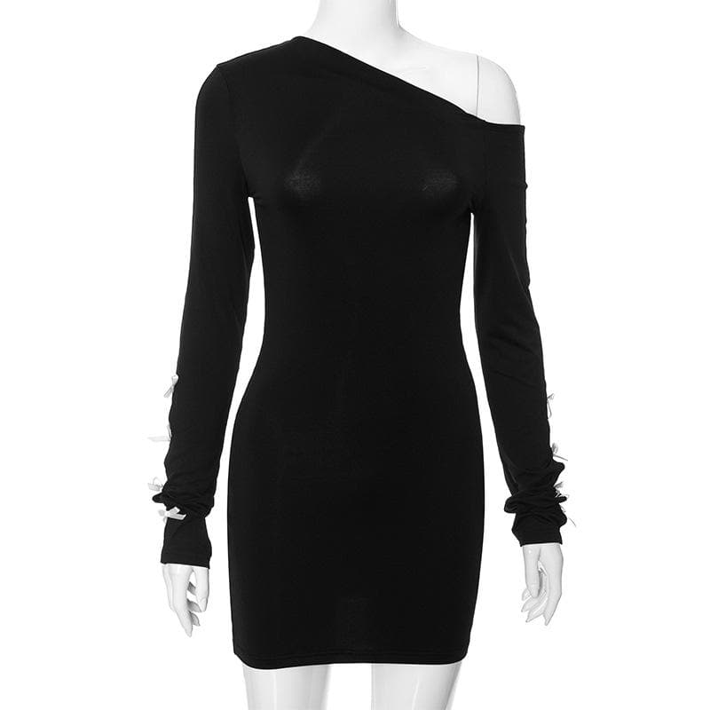 One Shoulder Bow Tie Slit Sleeve Long Sleeve Hollow Out Mini Dress