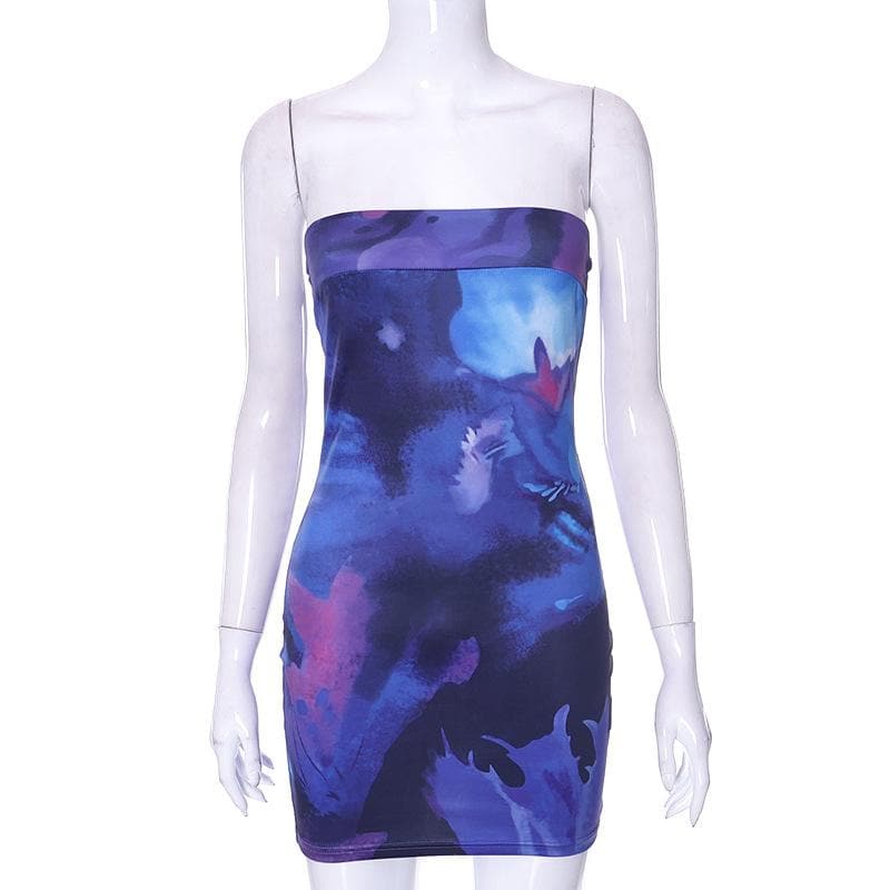 Tie Dye Abstract Strapless Tube Bodycon Mini Dress