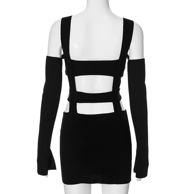 Square Neck Cutout Rib Knit Long Sleeve Mini Dress