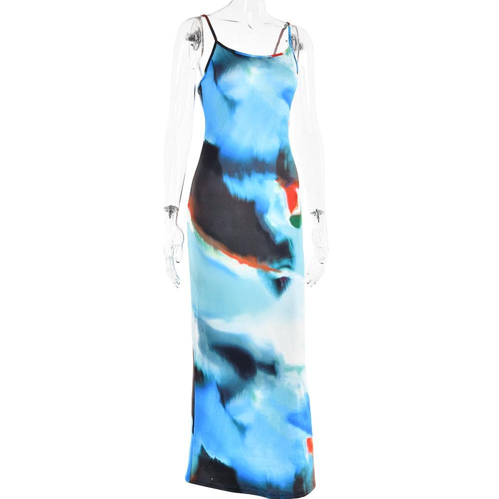Watercolor Abstract Print Scoop Neck Spaghetti Strap Bodycon Maxi Dress