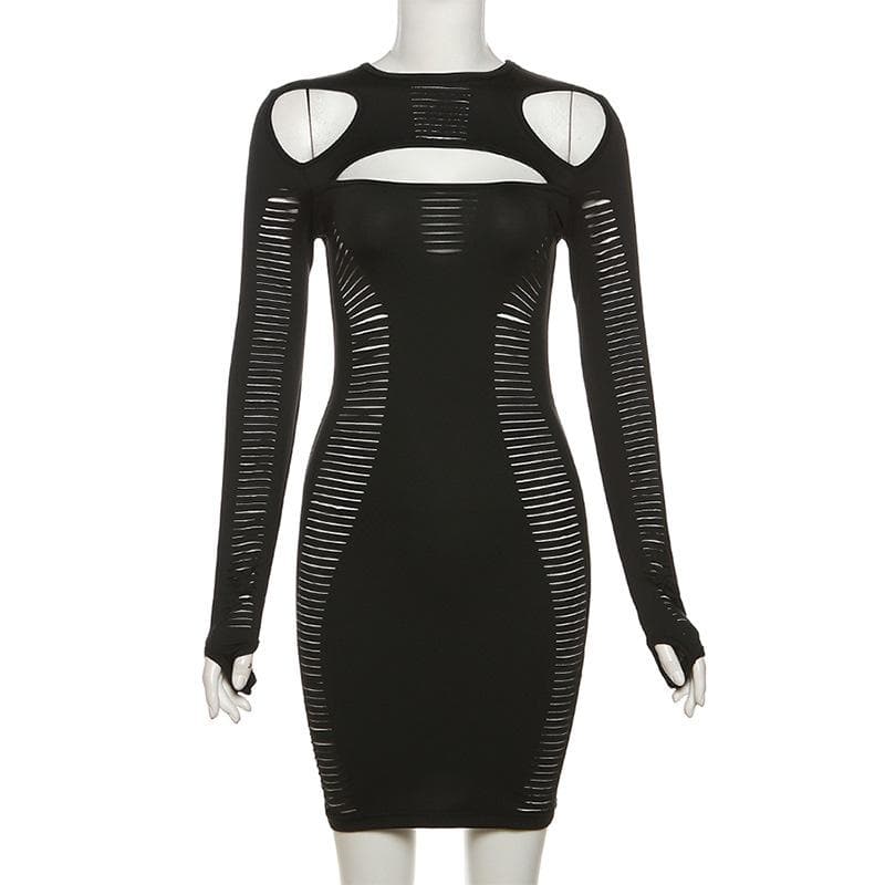 Crew Neck Ladder Cutout Thumbhole Long Sleeve Bodycon Mini Dress