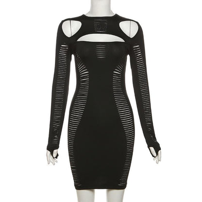 Crew Neck Ladder Cutout Thumbhole Long Sleeve Bodycon Mini Dress