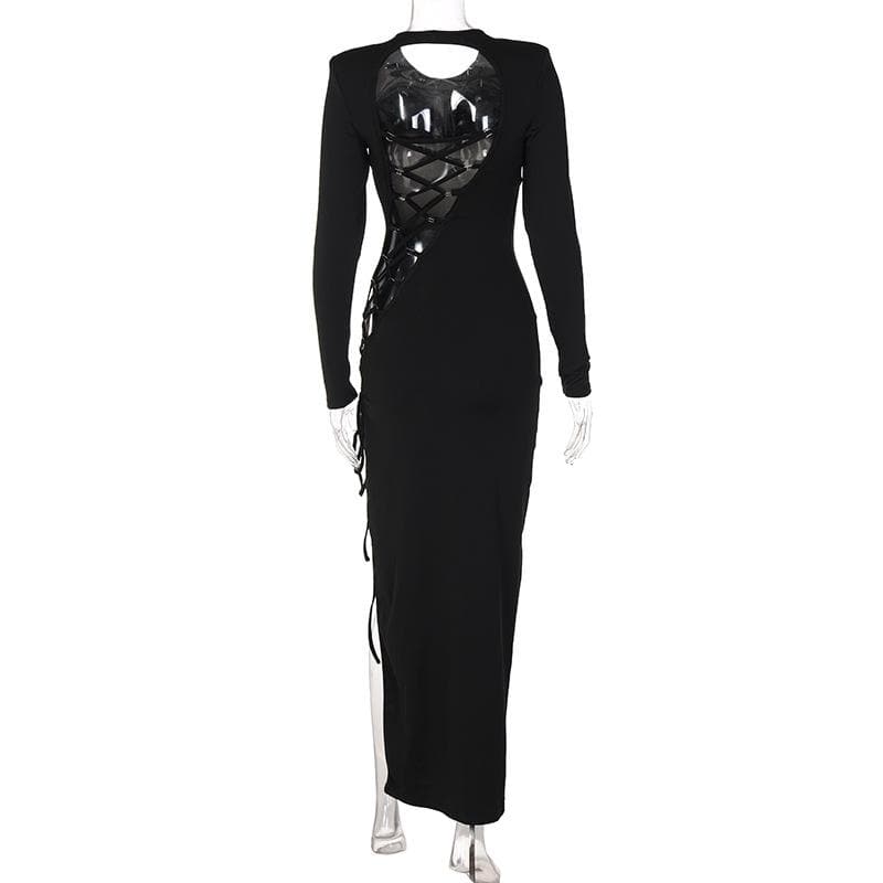 High Neck Chest Cutout Lace Up Side Slit Bodycon Maxi Dress