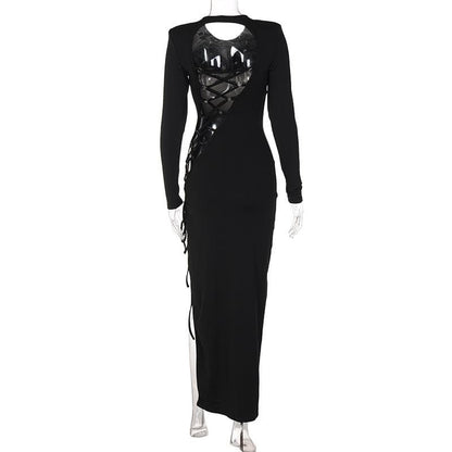 High Neck Chest Cutout Lace Up Side Slit Bodycon Maxi Dress