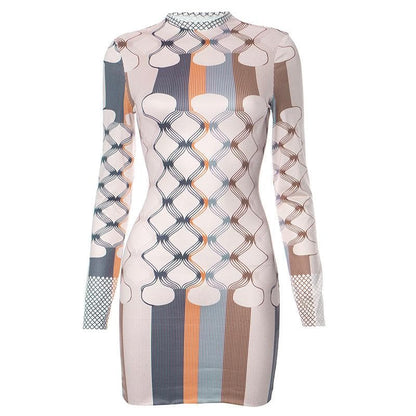 Mock Neck Long Sleeve Geometric Print Bodycon Mini Dress