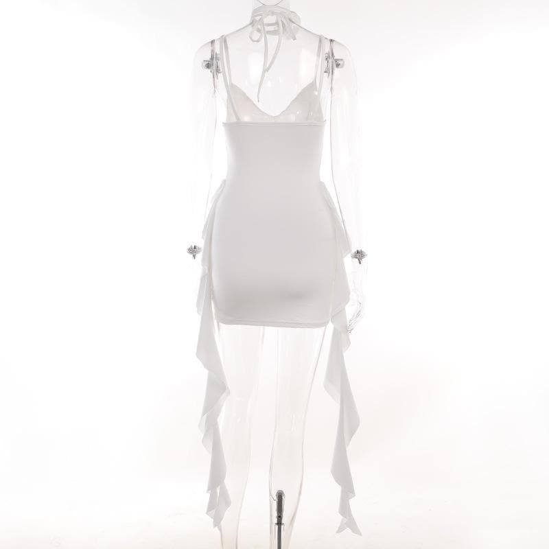 Ruched Deep V-Neck Choker Rosette Side Drape Cami Mini Dress