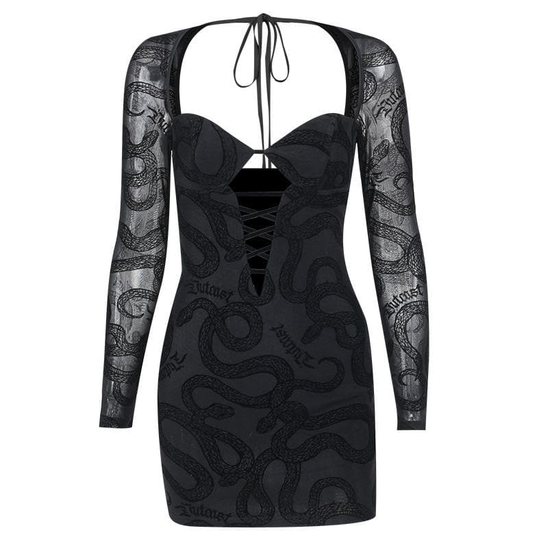 Snake Print Corset Lace Up Chest Cutout Mesh Sleeve Mini Dress