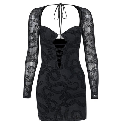 Snake Print Corset Lace Up Chest Cutout Mesh Sleeve Mini Dress