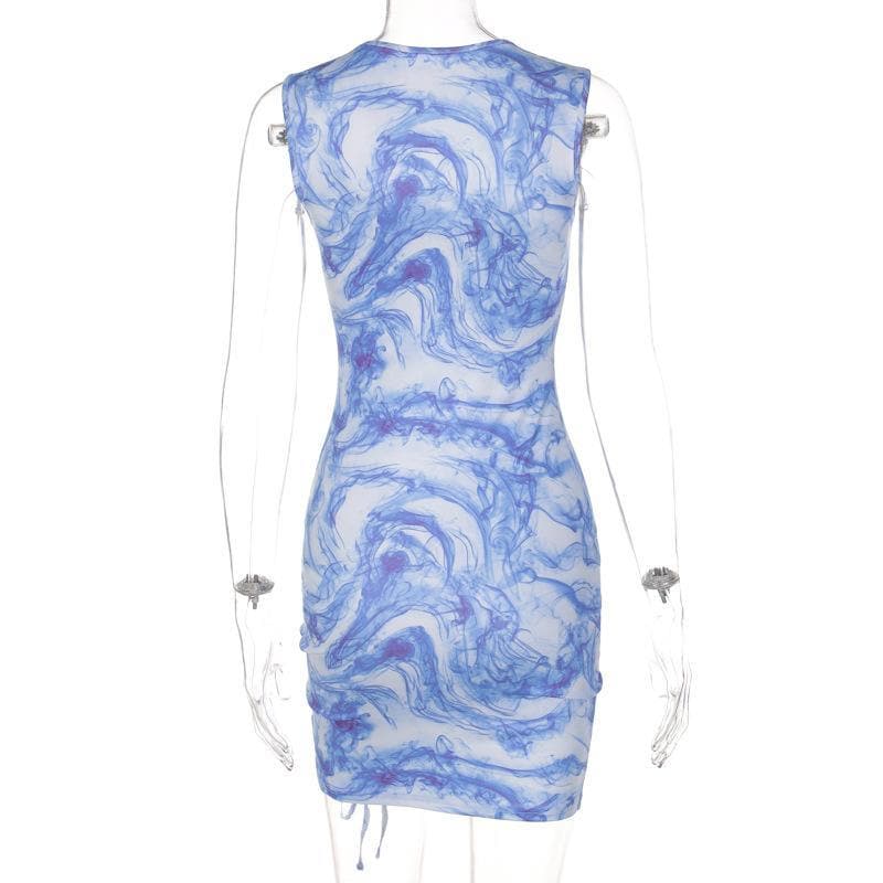 Crew Neck Chain Link Cutout Side Ruched Drawstring Mini Dress