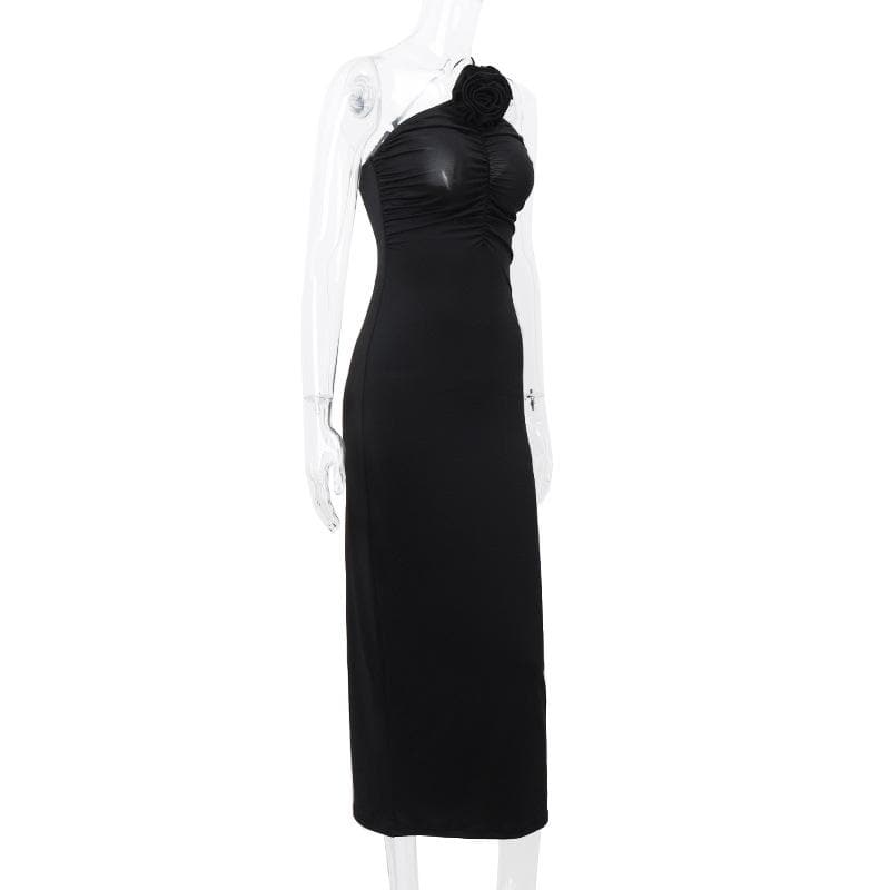 Flower Applique One Shoulder Ruched Maxi Dress
