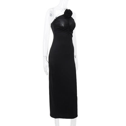 Flower Applique One Shoulder Ruched Maxi Dress