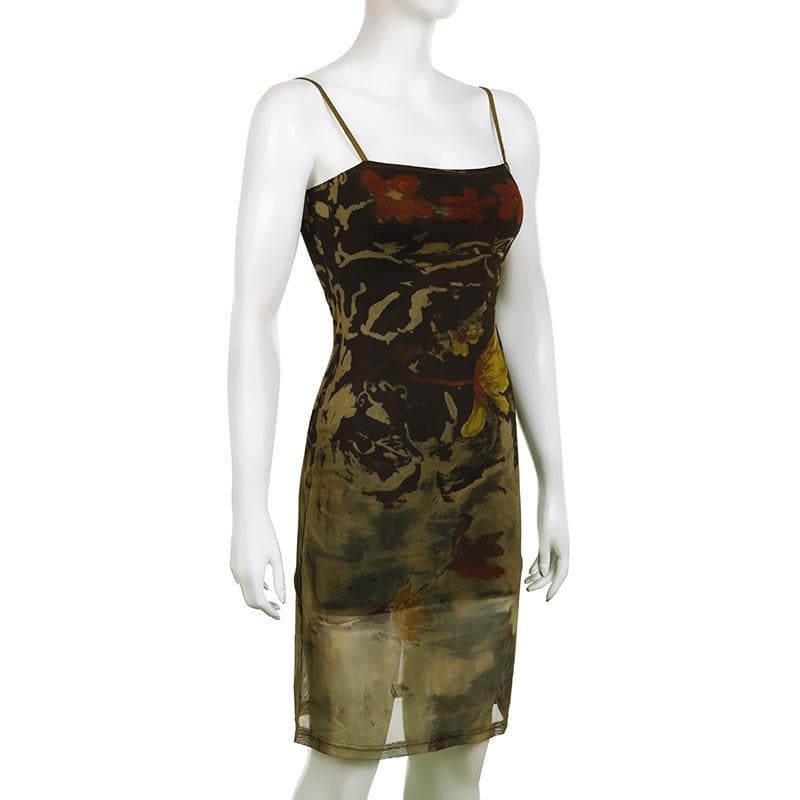 Square Neck Spaghetti Strap Mesh Overlay Abstract Floral Bodycon Midi Dress