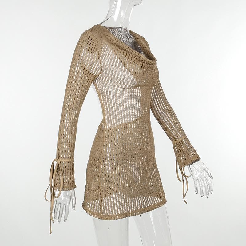 Cowl Neck Open Knit Tie Cuff Long Sleeve Hollow Out Mini Dress