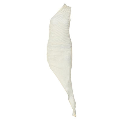 One Shoulder Popcorn Texture Asymmetric Hem High Slit Maxi Dress