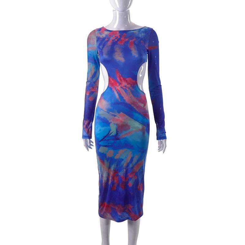 Abstract Watercolor Print Side Cutout Thumbhole Cuff Maxi Dress