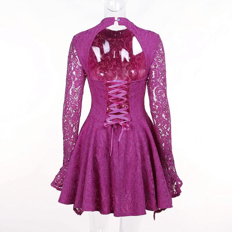 Mock Neck Long Sleeve Lace Corset Bodice Ruffle Skater Mini Dress