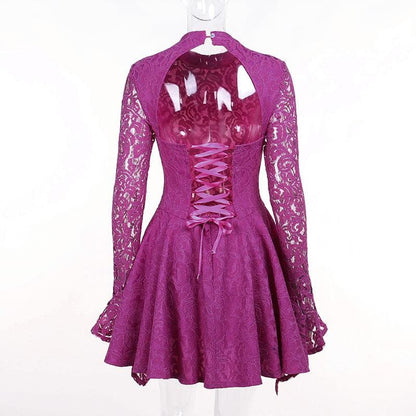 Mock Neck Long Sleeve Lace Corset Bodice Ruffle Skater Mini Dress