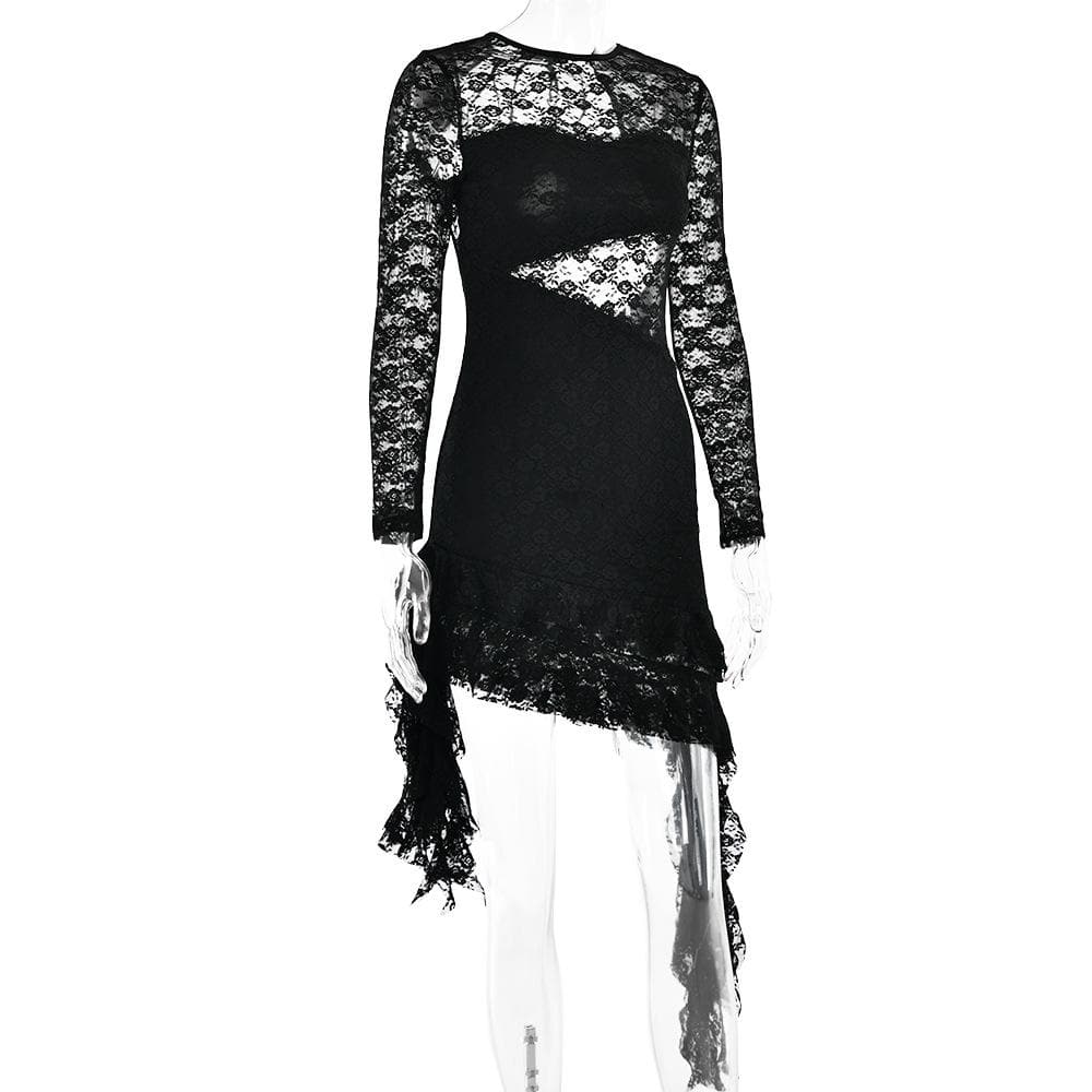 Lace Sweetheart Cutout Long Sleeve Asymmetric Ruffle Hem Mini Dress